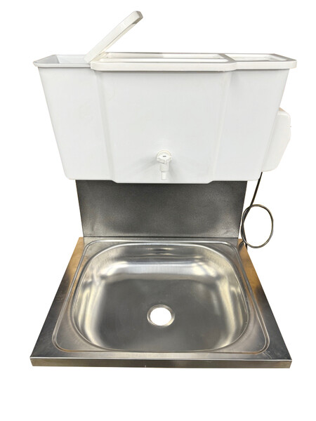 Умывальник навесной Водолей с ЭВН ПЛАСТ. БАЧОК (нерж. мойка 40*50,V-бака 17л.) 1,25кВт СЕРЕБРО, кран пластик (2 места)