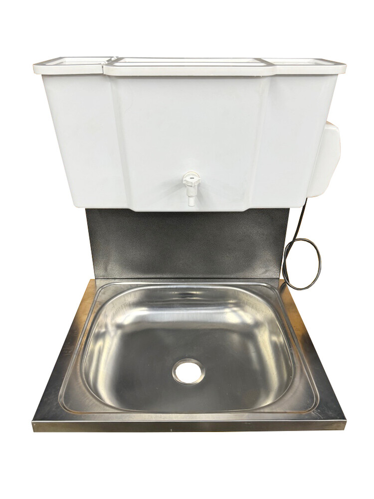 Умывальник навесной Водолей с ЭВН ПЛАСТ. БАЧОК (нерж. мойка 40*50,V-бака 17л.) 1,25кВт СЕРЕБРО, кран пластик (2 места)