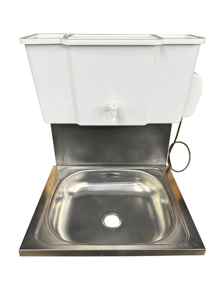 Умывальник навесной Водолей с ЭВН ПЛАСТ. БАЧОК (нерж. мойка 40*50,V-бака 17л.) 1,25кВт СЕРЕБРО, кран пластик (2 места)