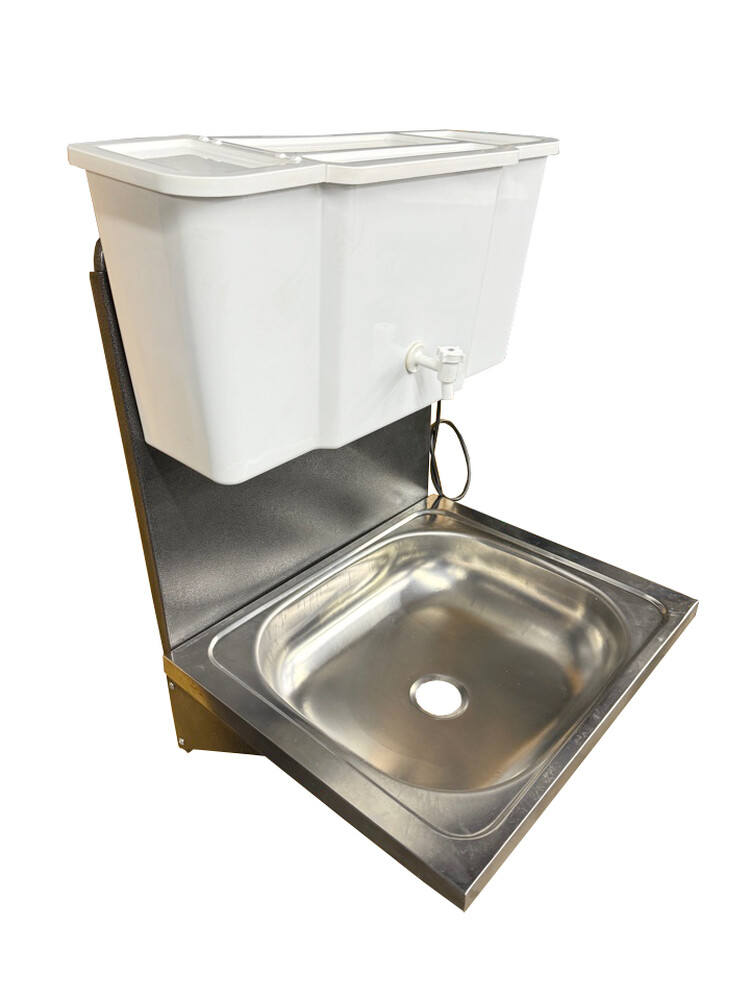 Умывальник навесной Водолей с ЭВН ПЛАСТ. БАЧОК (нерж. мойка 40*50,V-бака 17л.) 1,25кВт СЕРЕБРО, кран пластик (2 места)