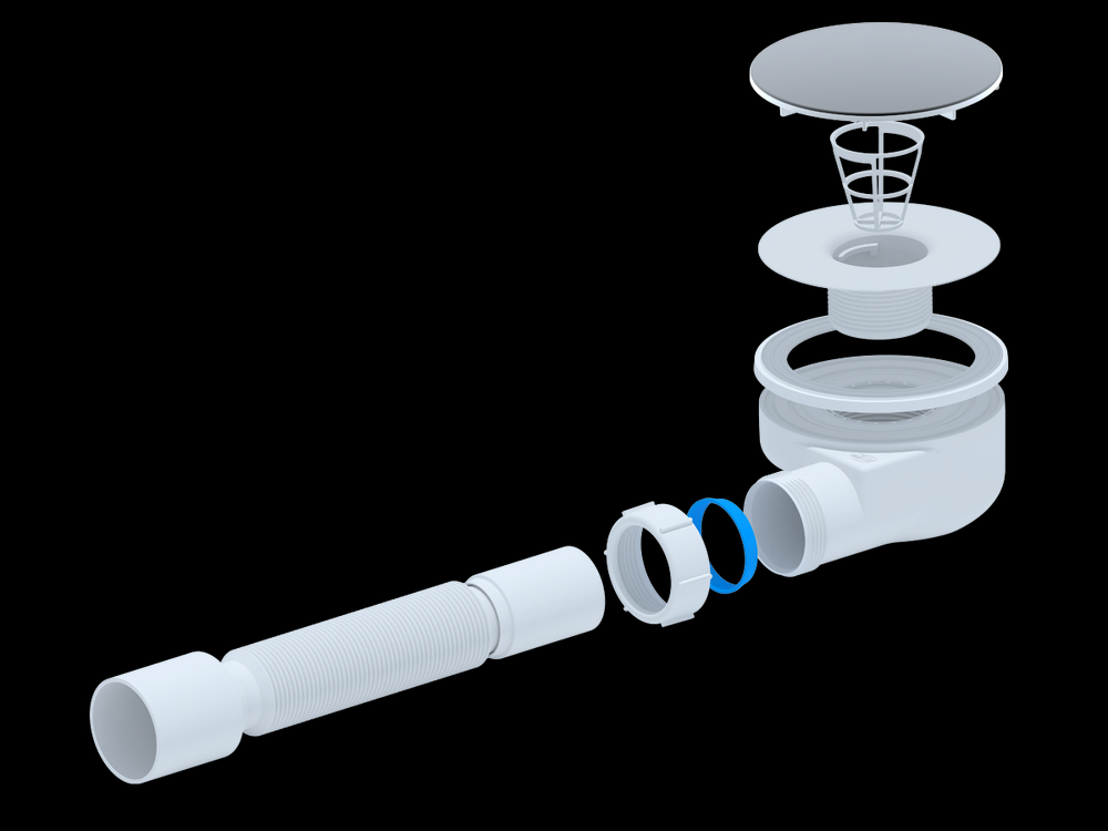 E355VAL Сифон АНИ для душевого поддона АНИ Пласт 1 1/2"*90, h 53мм, с гибкой трубой 375*40*50, вальцовка