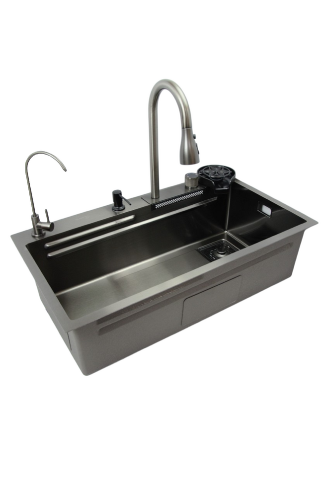   Мойка нерж врезная 800х450х220 т3,0 ГРАФИТ HB8045FB +6 (+ сифон) SANTREK AQUA + Подарок (Колландер, фруктов, доска, 2 смесителя, ополаск)  АКЦИЯ !!!