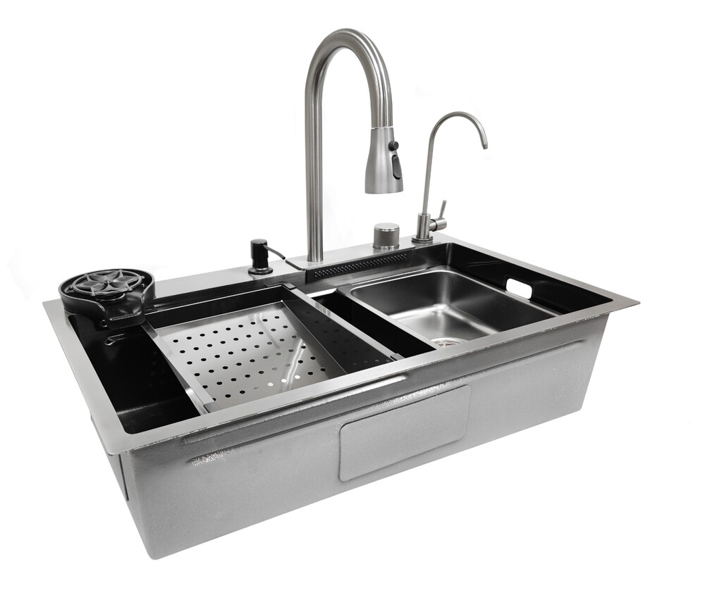   Мойка нерж врезная 800х450х220 т3,0 ГРАФИТ HB8045FB +6 (+ сифон) SANTREK AQUA + Подарок (Колландер, фруктов, доска, 2 смесителя, ополаск)  АКЦИЯ !!!