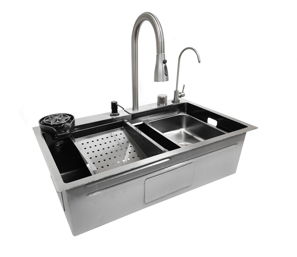 Мойка нерж ( 6 в 1) SANTREK AQUA 750х450х220 т 3,0 ГРАФИТ HB7545FB +6 (+ сифон) + Подарок (Колландер, фруктовница, доска, 2 смесителя, ополаскиватель)