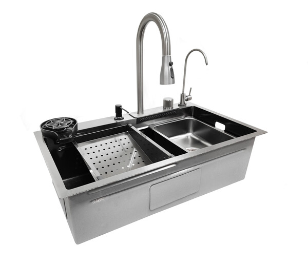 Мойка нерж ( 6 в 1) SANTREK AQUA 750х450х220 т 3,0 ГРАФИТ HB7545FB +6 (+ сифон) + Подарок (Колландер, фруктовница, доска, 2 смесителя, ополаскиватель)