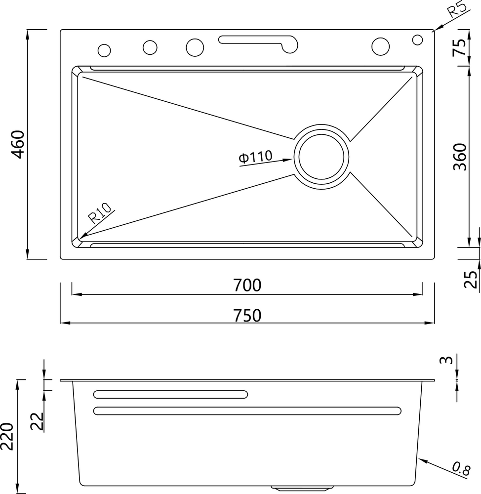 S-SC001Q Мойка для кухни р-р: 750х460х220мм прямоугольная, графит (2 места)