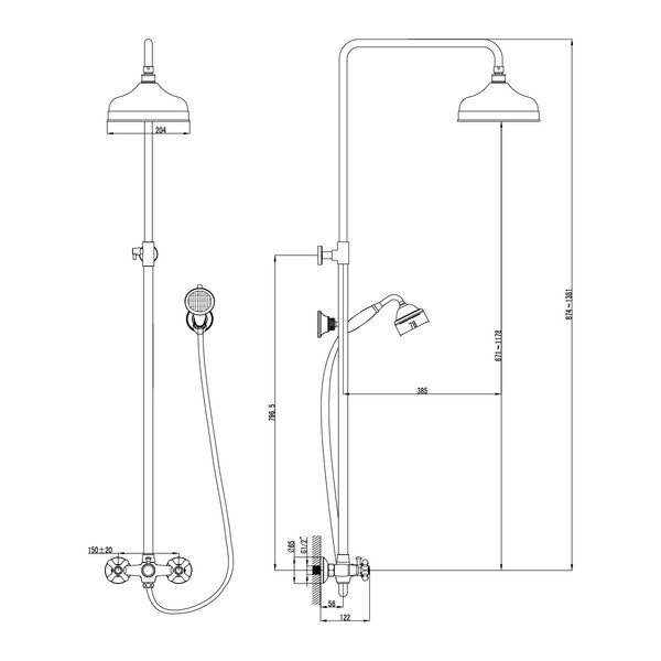 LM2860B Vintage Смеситель для душа с верхней душевой лейкой "Тропический дождь" и 1-функц. лейкой, бронза