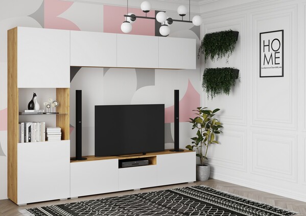 СТЕНФОРД Стенка МДФ Корпус - Дуб Крафт золотой  Фасад МДФ - матовая Белый Софт (4 места) ОЕ135