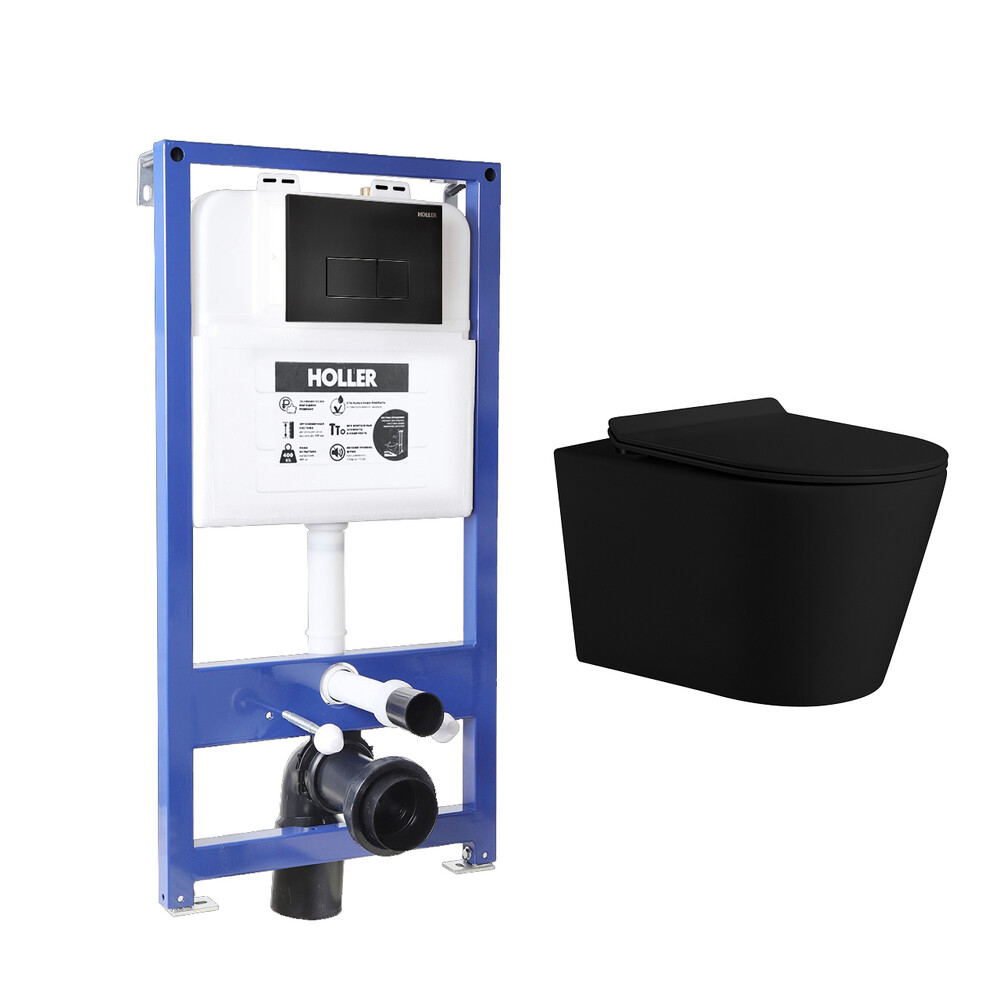  Инсталляция HOLLER MQ100 (комплект 3 в 1) +Унитаз подвесной безободковый (Торнадо) HOLLER WIND_MB, черный мат  + Клавиша смыва HOLLER MBV, черный мат