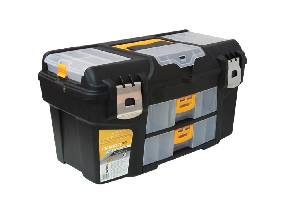 Ящик д/инструмента ГЕФЕСТ 21метал.замки(с2-я конс.и кор)черн.с желт.53х27,5х29("М-пластика")(М 2945) РАСПРОДАЖА