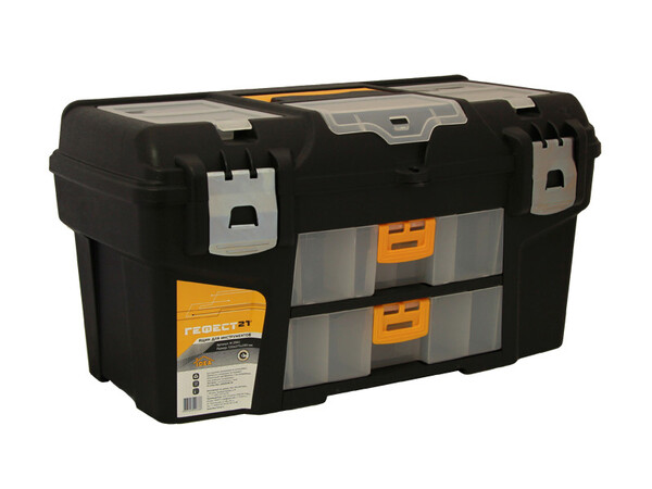 Ящик д/инструмента ГЕФЕСТ 21 метал.замки (с 2-мя конс. и секц.)черн. с желт. ("М-пластика") (М 2941) РАСПРОДАЖА!