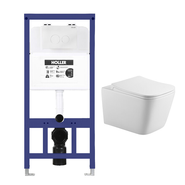  Инсталляция HOLLER MQ102 (комплект 3 в 1) + Унитаз подвесной безободковый HOLLER BLOCK, белый + Клавиша смыва HOLLER MWR, белый