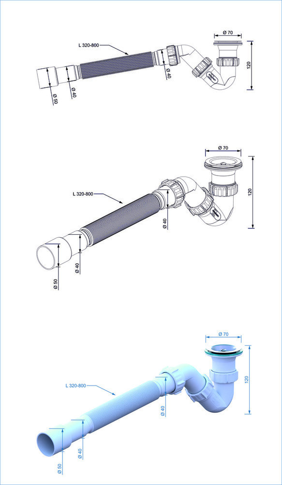 BT8080 Сифон для поддона S-обр. 1 1/2-40 c гофр.трубой 40*40х50 (800мм.) ИНКОПЛАСТ