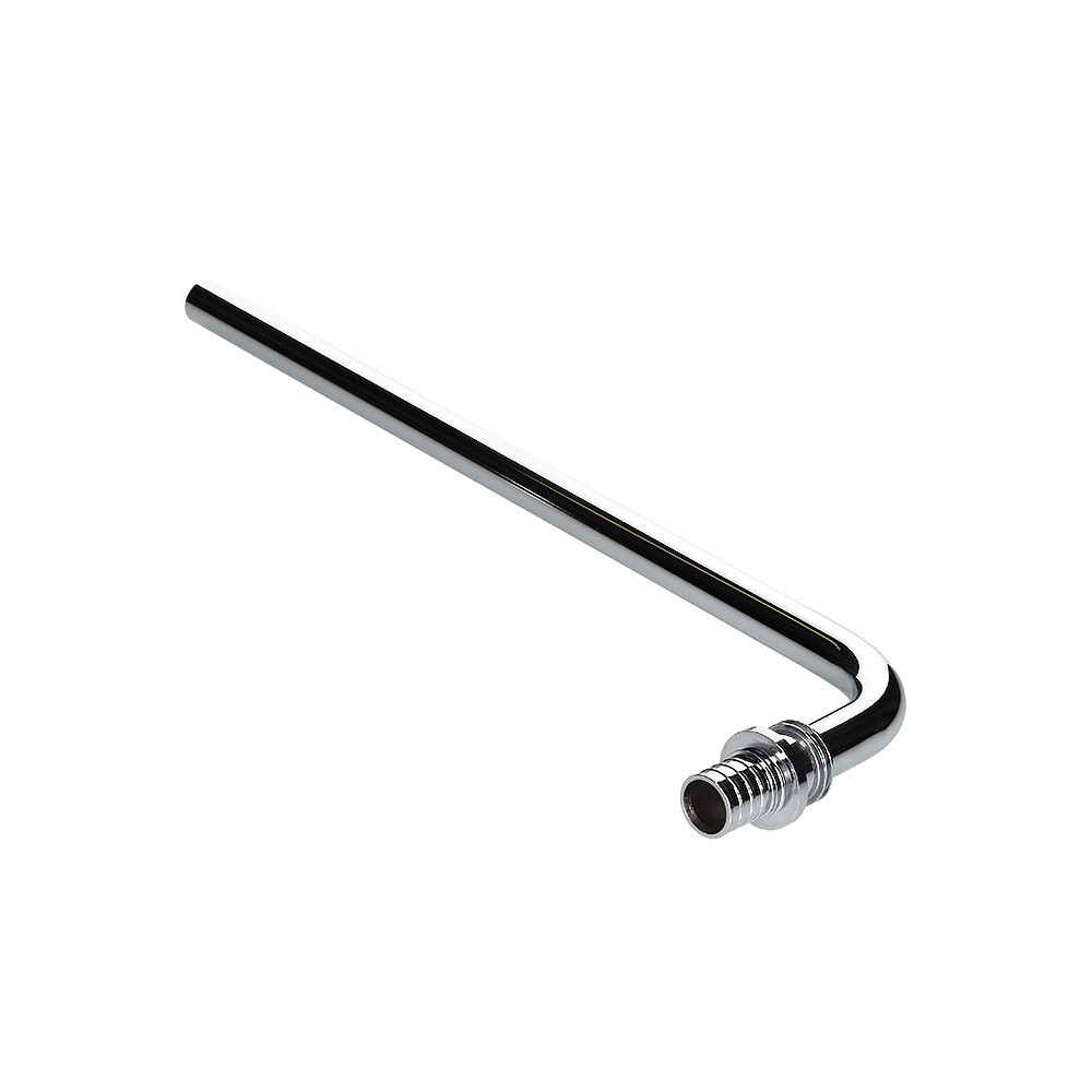 Угловой аксиальный фитинг VALTEC, с хромированной латунной трубкой с плавным поворотом короткий 20(2,8)х15 L 300 мм VTm.481.PC.002015