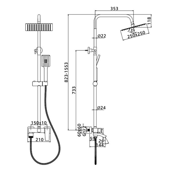 2478D Душевая система LEDEME со смесителем и тропическим душем (оруж сталь)