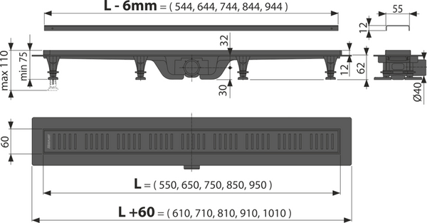 Водоотводящий желоб ALCAPLAST с решеткой из нерж. APZ10BLACK-750M ЧЕРНЫЙ (AG101101750) Чехия