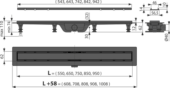 Водоотводящий желоб ALCAPLAST с двусторонней решеткой (подходит под кладку плитки) APZ19-750  Чехия  НОВИНКА!!!