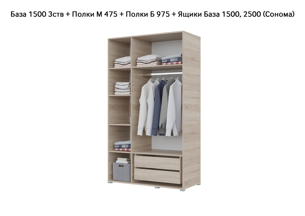 База Шкаф "Бостон" 1500 3 ств (Сонома) (Боковина 3/4 ств, Крыша 1500/3, Фурнитура 3 ств) (3 места)