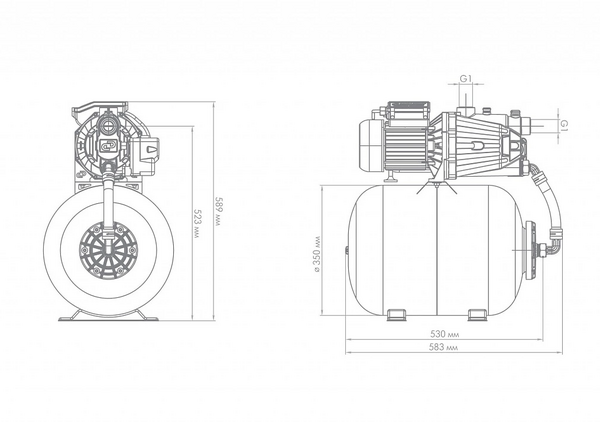 Насосная станция ДЖИЛЕКС Джамбо 70/50 П-50 2.0 (1,1 кВт 70 л/мин, глубина всасывания 9м, выс. подъема 50м, пластик. корп., ГА-50л) 3026