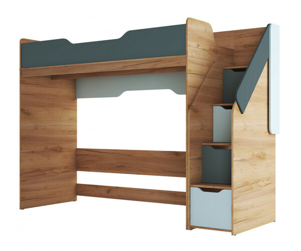 RICH Кровать-чердак КР-001 (0,8х2,0м) Дуб Крафт золотой/Кенди U9114 (УД) / Сумеречный голубой АВ8 158 (5 мест) КАТЕГОРИЯ А СНЯТО