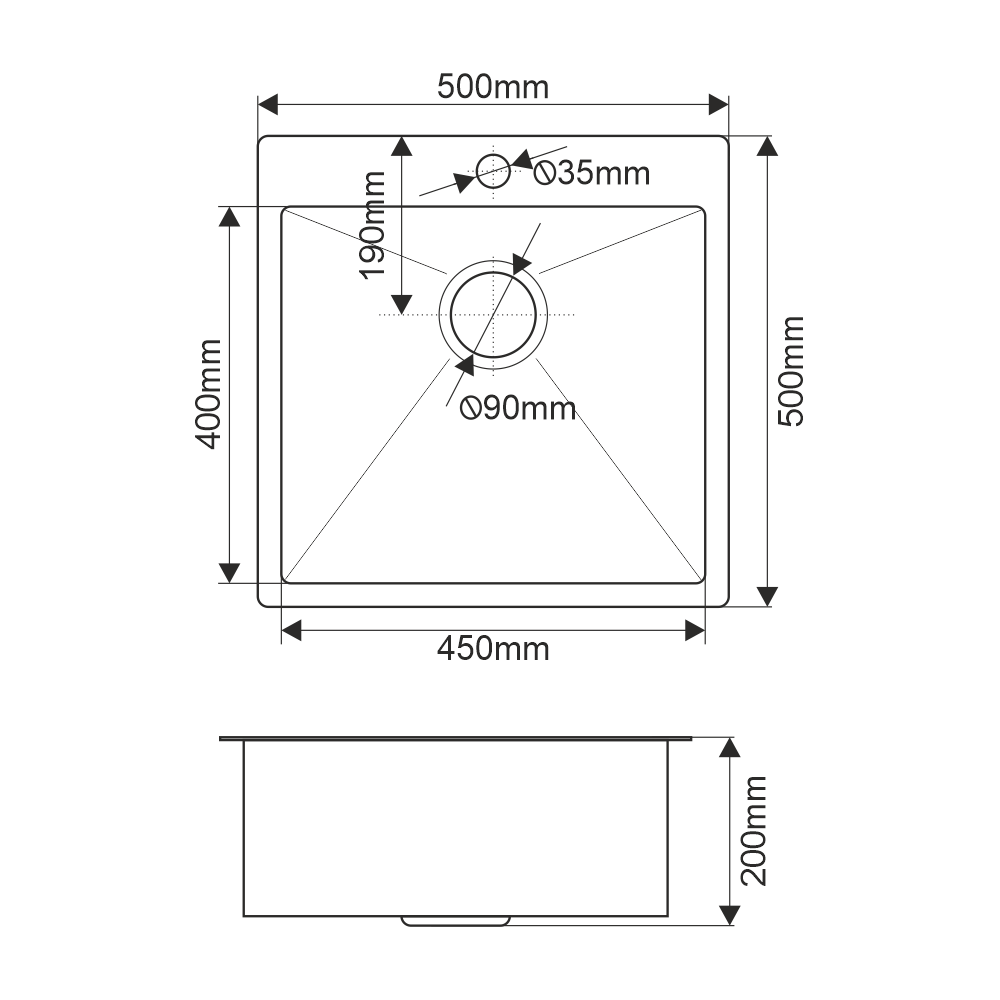 Мойка нерж врезная 500х500х200 т 3,0 САТИН R5050H (+ сифон )  AISI 304 MLN   БЕЗ КОЛЛАНДЕРА  (сифон без ведерка)