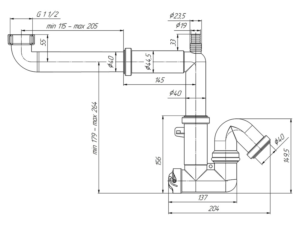 F5320 Сифон Ани 1 1/2 * 40 смещенный с отводом, без выпуска