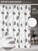 Штора д/ванн SANTREK HOME 180х180 PEVA MS0735 с кольцами чёрные и белые листья