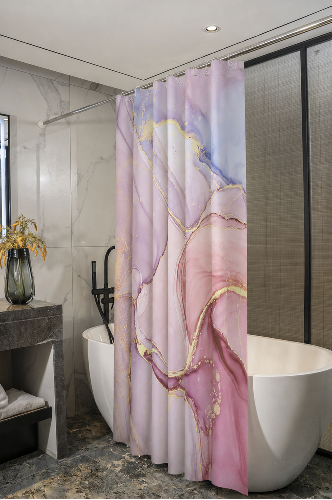 Штора д/ванн SANTREK HOME 180х180 Polyester с утяжелителем НС1131 с кольцами мрамор светло-фиолетовый