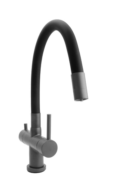 Смеситель Кухня SANTREK AQUA-1025 "PRESTIGE" (SAP-1025) шар.d-35 с гибким силиконовым изливом,с подключением фильтра питьевой воды (оруж сталь/черный)