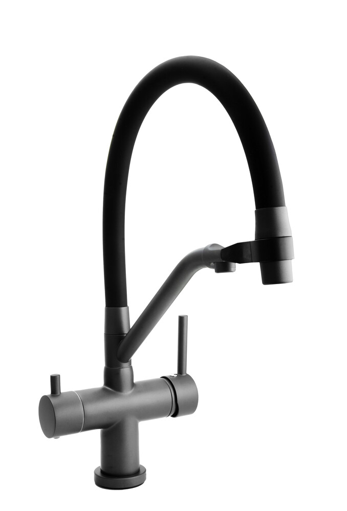 Смеситель Кухня SANTREK AQUA-1028 "PRESTIGE" (SAP-1028) шар.d-35 с гибким силиконовым изливом,с подключением фильтра питьевой воды (оруж сталь/черный)