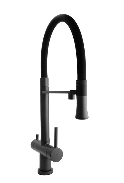 Смеситель Кухня SANTREK AQUA-1029 "PRESTIGE" (SAP-1029) шар.d-35 с гибким силиконовым изливом,с подключением фильтра питьевой воды (оруж сталь/черный)