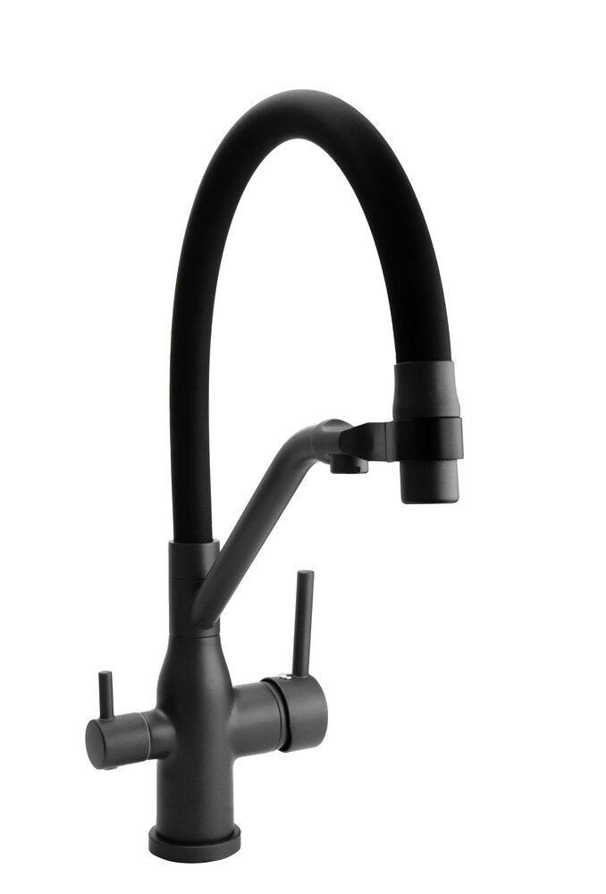 Смеситель Кухня SANTREK AQUA-1027 "PRESTIGE" (SAP-1027) шар.d-35 с гибким силиконовым изливом,с подключением фильтра питьевой воды (оруж сталь/черный)