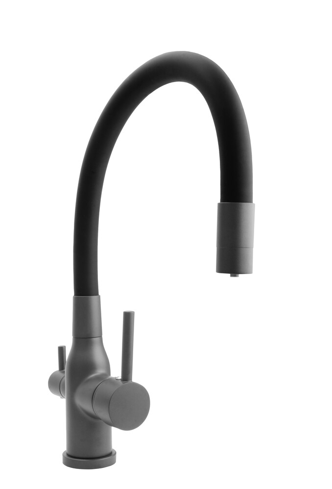 Смеситель Кухня SANTREK AQUA-1026 "PRESTIGE" (SAP-1026) шар.d-35 с гибким силиконовым изливом,с подключением фильтра питьевой воды (оруж сталь/черный)