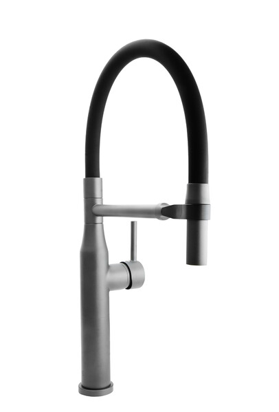 Смеситель Кухня SANTREK AQUA-1023 "PRESTIGE" (SAP-1023)  шар. d-35 с гибким силиконовым изливом (оружейная сталь/черн), магнитный держатель