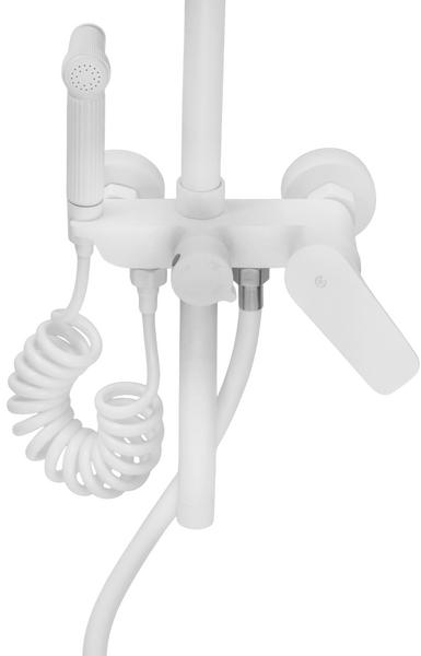 Душевая система SANTREK AQUA-1216 "PRESTIGE" (SAP-1216)  шар. d-35 с верхним душем, смесителем, гигиен лейкой и полочкой (белый)