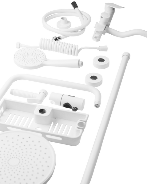 Душевая система SANTREK AQUA-1216 "PRESTIGE" (SAP-1216)  шар. d-35 с верхним душем, смесителем, гигиен лейкой и полочкой (белый)