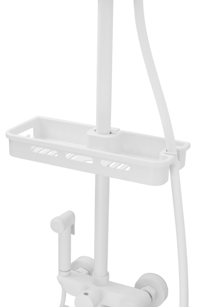 Душевая система SANTREK AQUA-1216 "PRESTIGE" (SAP-1216)  шар. d-35 с верхним душем, смесителем, гигиен лейкой и полочкой (белый)