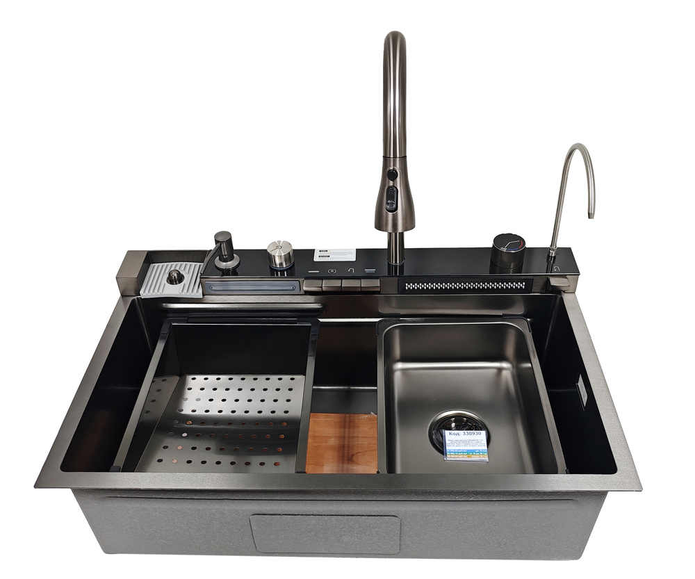 Мойка нерж врезная 750х450х220 т 3,0 ЧЕРНАЯ HB7545FB-W1+6 (+ сифон) SANTREK AQUA + Подарок (4 клав, колл-р, фруктов, доска, 2 смес, ополаск., дозатор)