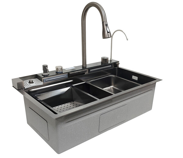 Мойка нерж врезная 750х450х220 т 3,0 ЧЕРНАЯ HB7545FB-W1+6 (+ сифон) SANTREK AQUA + Подарок (4 клав, колл-р, фруктов, доска, 2 смес, ополаск., дозатор)