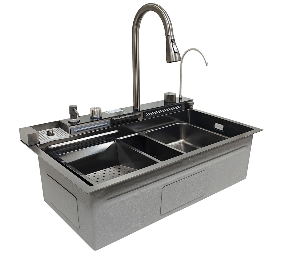 Мойка нерж врезная 750х450х220 т 3,0 ЧЕРНАЯ HB7545FB-W1+6 (+ сифон) SANTREK AQUA + Подарок (4 клав, колл-р, фруктов, доска, 2 смес, ополаск., дозатор)