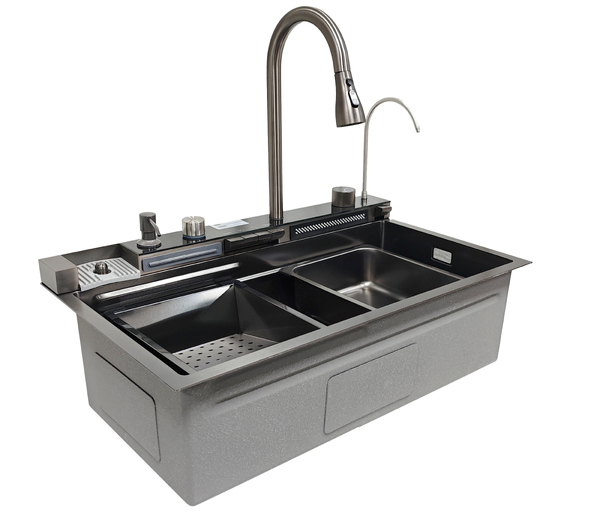 Мойка нерж врезная 750х450х220 т 3,0 ЧЕРНАЯ HB7545FB-W1+6 (+ сифон) SANTREK AQUA + Подарок (4 клав, колл-р, фруктов, доска, 2 смес, ополаск., дозатор)