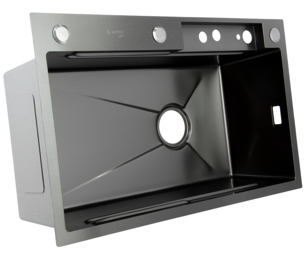 Мойка нерж врезная 750х450х220 т 3,0 ЧЕРНАЯ HB7545FB-W2+6 (+ сифон) SANTREK AQUA + Подарок (2 клав, колл-р, фруктов, доска, 2 смес, ополаск., дозатор)