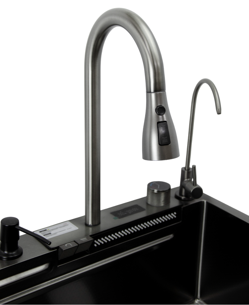Мойка нерж врезная 750х450х220 т 3,0 ЧЕРНАЯ HB7545FB-W2+6 (+ сифон) SANTREK AQUA + Подарок (2 клав, колл-р, фруктов, доска, 2 смес, ополаск., дозатор)
