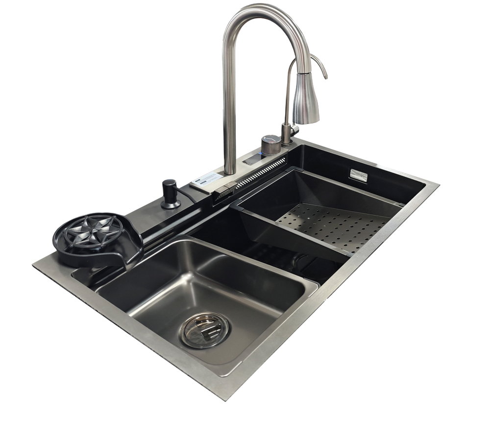 Мойка нерж врезная 750х450х220 т 3,0 ЧЕРНАЯ HB7545FB-W2+6 (+ сифон) SANTREK AQUA + Подарок (2 клав, колл-р, фруктов, доска, 2 смес, ополаск., дозатор)