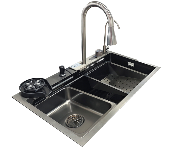 Мойка нерж врезная 750х450х220 т 3,0 ЧЕРНАЯ HB7545FB-W2+6 (+ сифон) SANTREK AQUA + Подарок (2 клав, колл-р, фруктов, доска, 2 смес, ополаск., дозатор)
