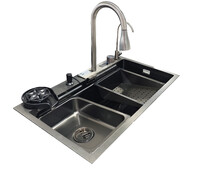 Мойка нерж врезная 750х450х220 т 3,0 ЧЕРНАЯ HB7545FB-W2+6 (+ сифон) SANTREK AQUA + Подарок (2 клав, колл-р, фруктов, доска, 2 смес, ополаск., дозатор)