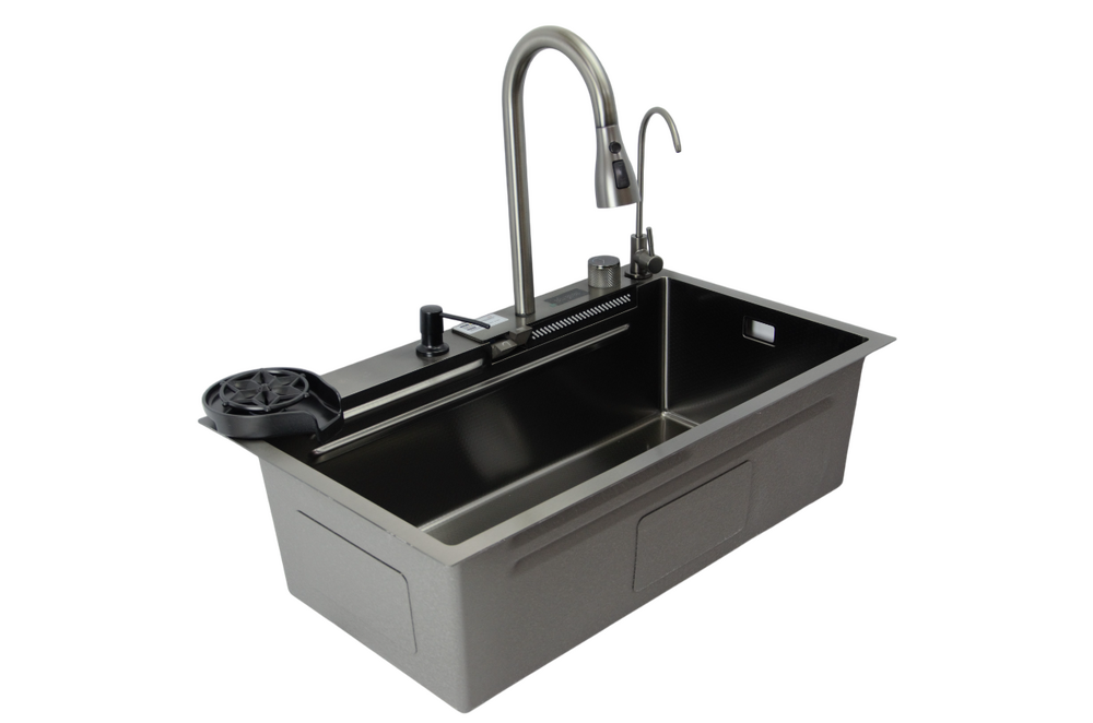 Мойка нерж врезная 750х450х220 т 3,0 ЧЕРНАЯ HB7545FB-W2+6 (+ сифон) SANTREK AQUA + Подарок (2 клав, колл-р, фруктов, доска, 2 смес, ополаск., дозатор)