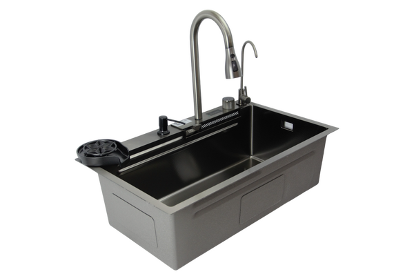Мойка нерж врезная 750х450х220 т 3,0 ЧЕРНАЯ HB7545FB-W2+6 (+ сифон) SANTREK AQUA + Подарок (2 клав, колл-р, фруктов, доска, 2 смес, ополаск., дозатор)