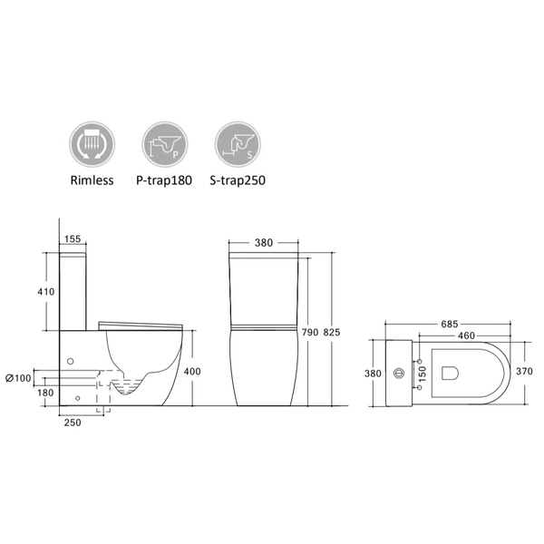 Унитаз-моноблок безободковый HOLLER КРОН (685*380*825мм, сиденье дюропласт с микролифтом, арматура 2-х режимная)  (1 место) белый