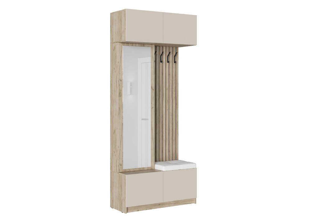 БОСТОН прихожая ЛДСП (Комплект) Корпус - Дуб Крафт серый  Фасад ЛДСП - Кашемир 5981 BS Кожзам.- Ecotex 3002 (Белая) АГ3 110 (3 места)